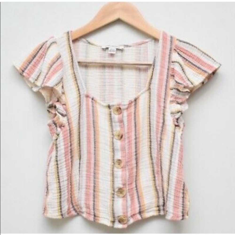 American Eagle Crinkle Gauze Button Front Stripe Top